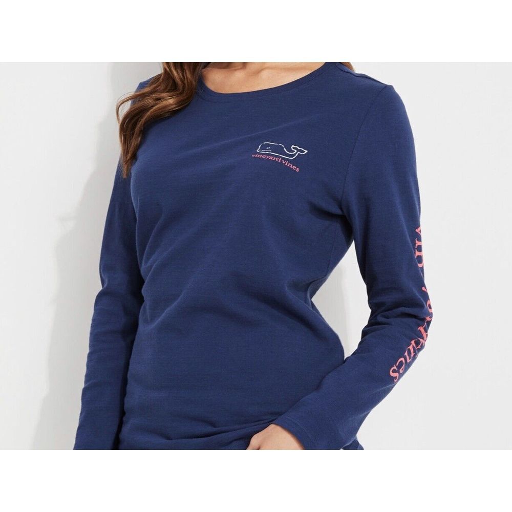 Vineyard Vines‎ Girls Large 14  Blue Silver Whale Logo Long Sleeve T-Shirt Slub